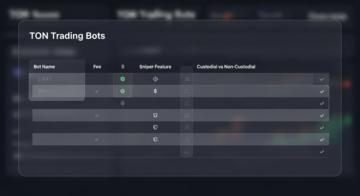 Comparison table mockup with rows for TON trading bots and columns for fee, sniper feature, custody, supported DEXs