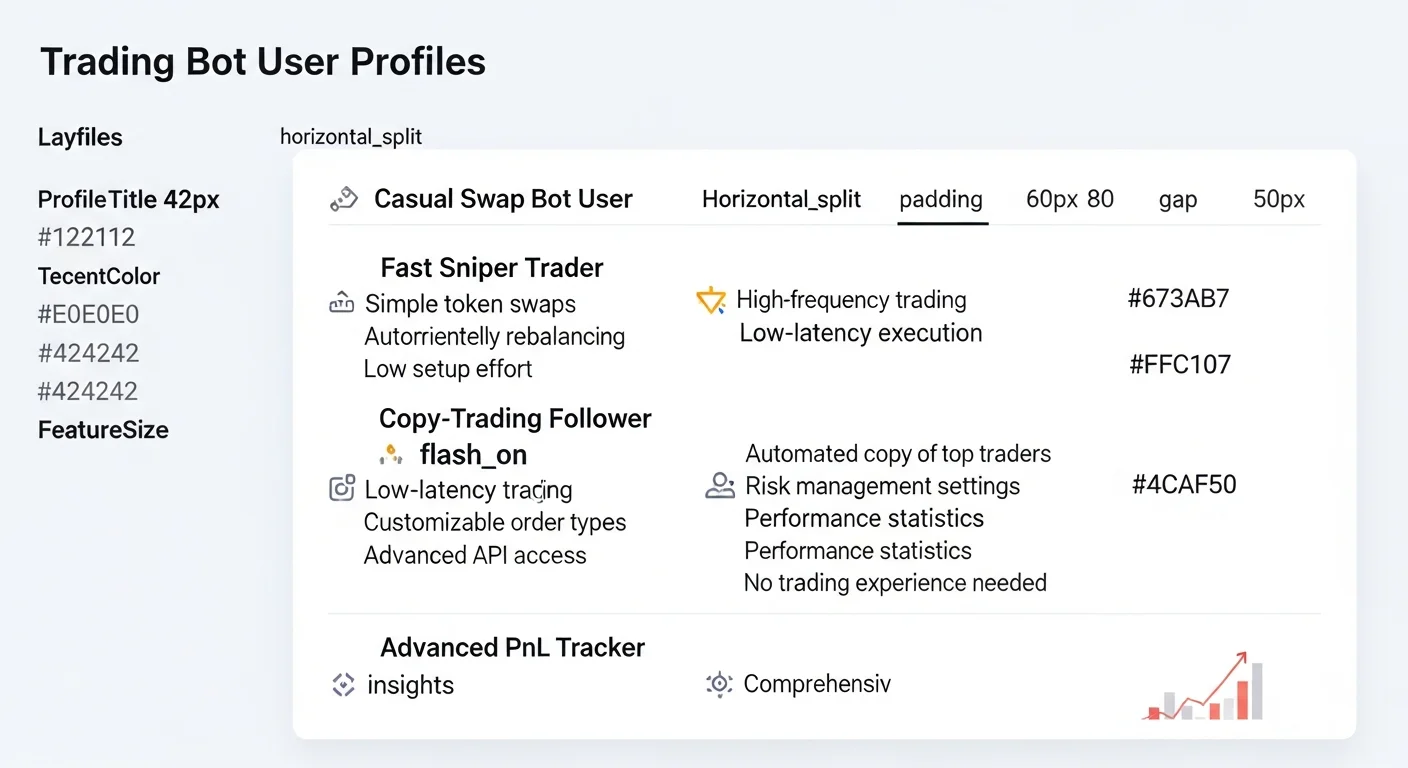Infographic showing four trading bot user profiles with feature highlights for each
