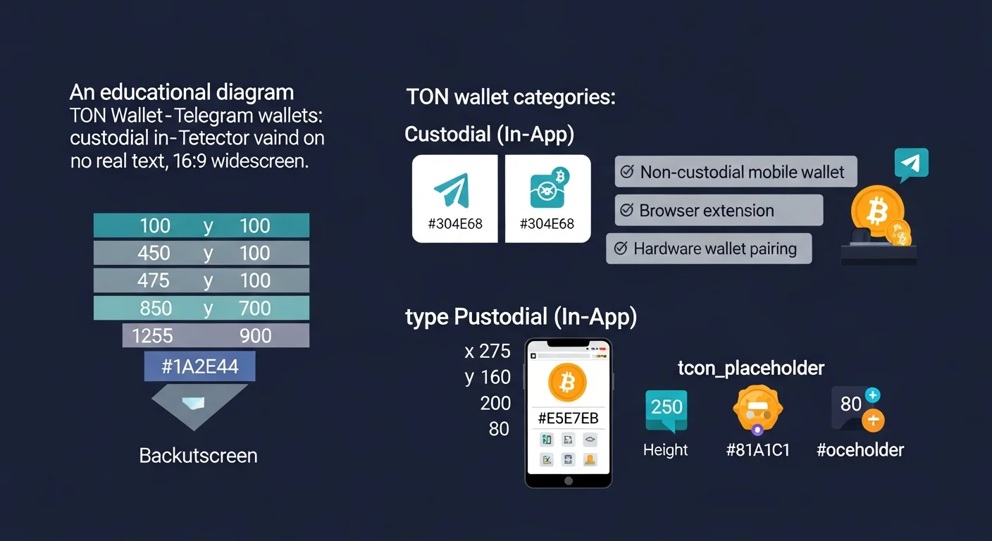 Diagram of TON wallet categories: custodial in-Telegram, non-custodial mobile, browser extension, hardware pairing