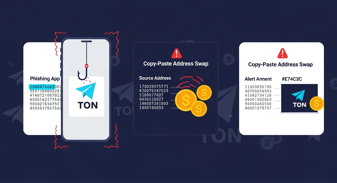Four-panel illustration of TON wallet caution icons: phishing app, copy-paste swap, leaked seed phrase, dApp approval drift