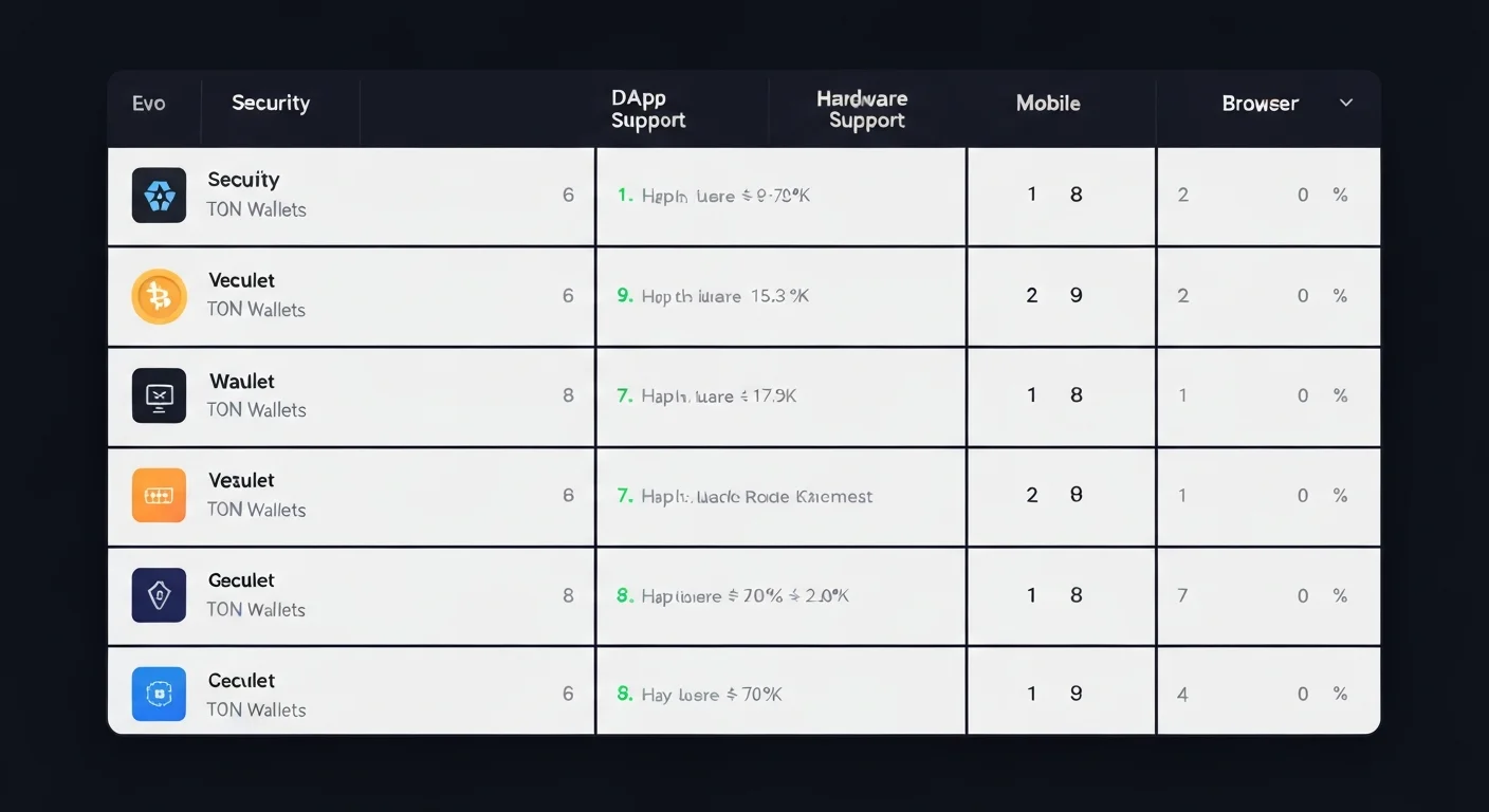 Comparison table mockup with rows for several TON wallets and columns for security, dApp support, hardware, mobile, browser