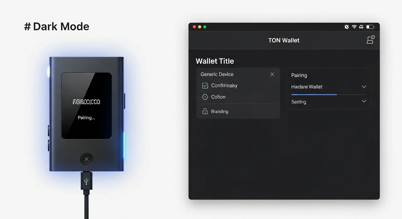 Hardware wallet pairing mockup showing a generic device on the left and a TON wallet UI on the right with confirm prompt