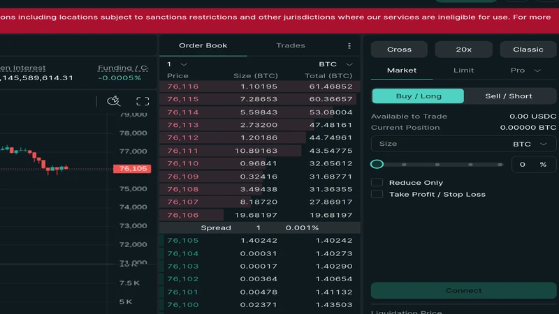 Hyperliquid trading screen showing a live crypto order book, spread row, and order-entry panel