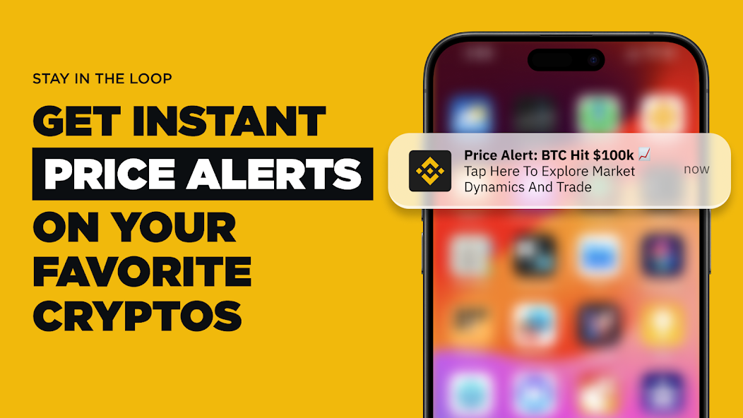 Binance price alert push notification showing BTC hitting $100K