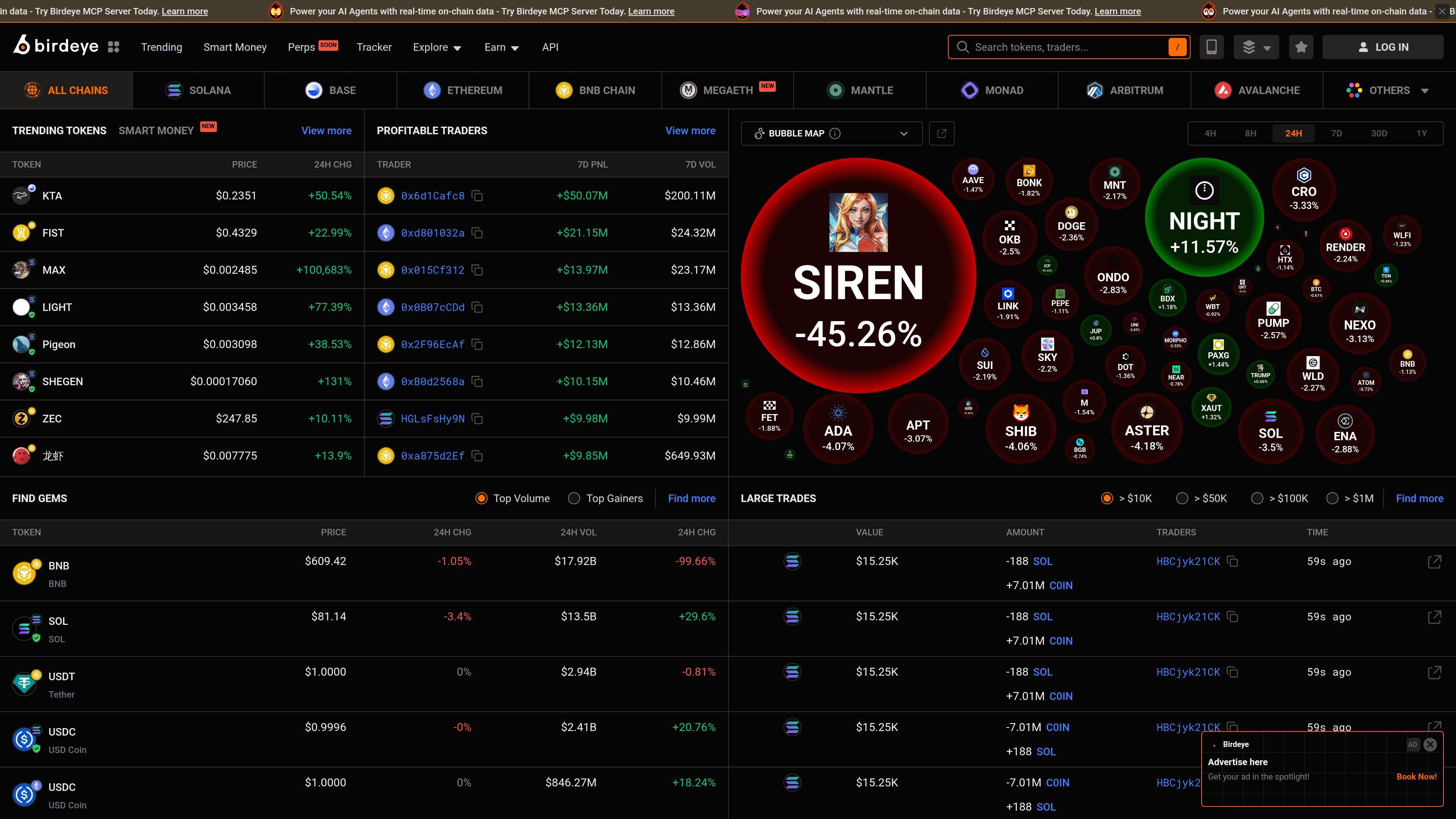 Birdeye homepage showing Solana DeFi analytics dashboard