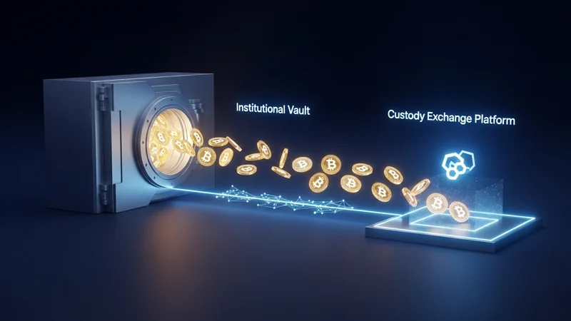Abstract glowing bitcoin coins moving from an institutional vault into a custody platform on a dark grid