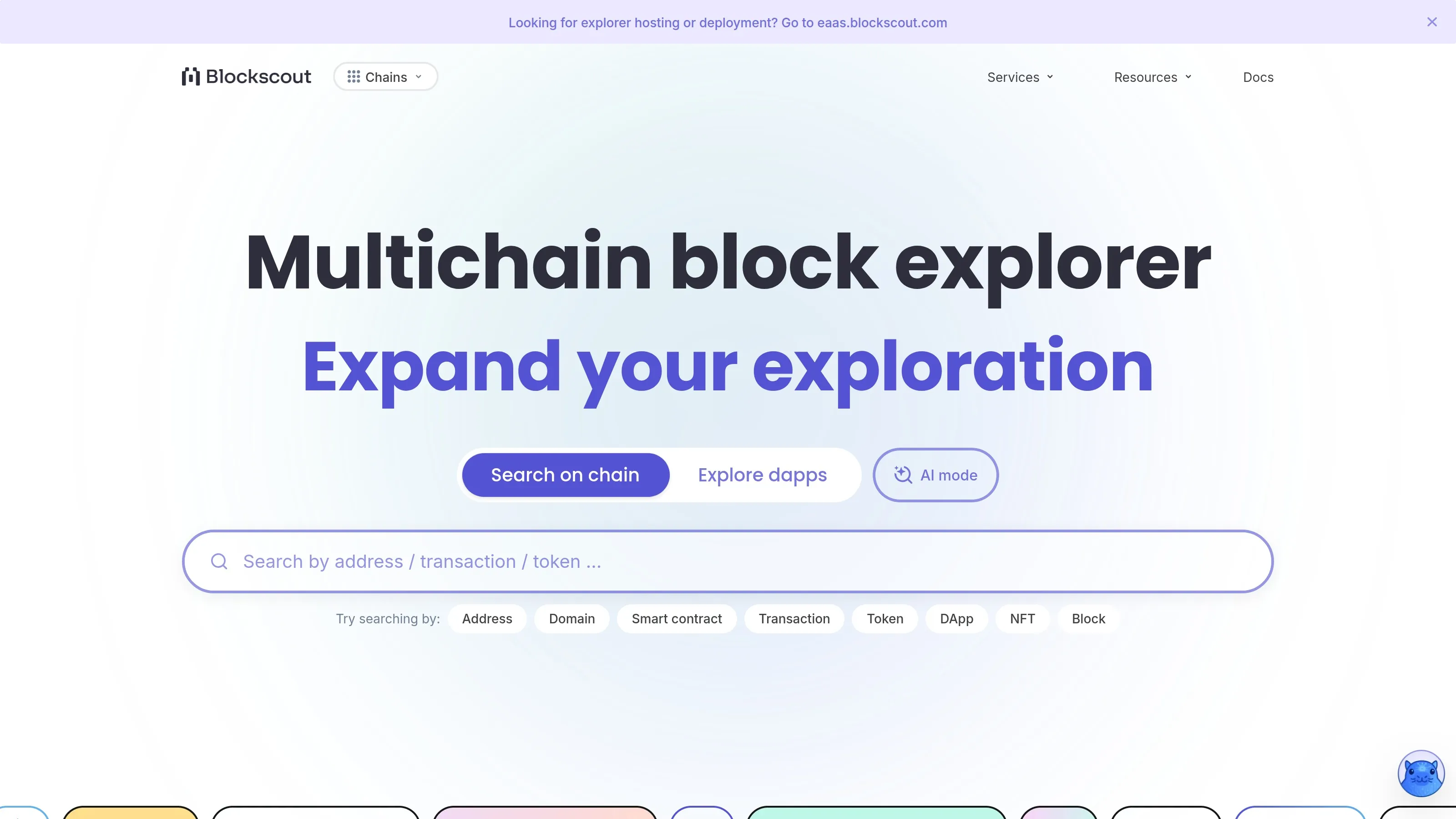 Blockscout homepage showing multichain explorer search and contract exploration features.
