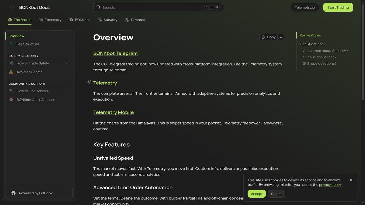 BONKbot documentation homepage showing setup and usage information