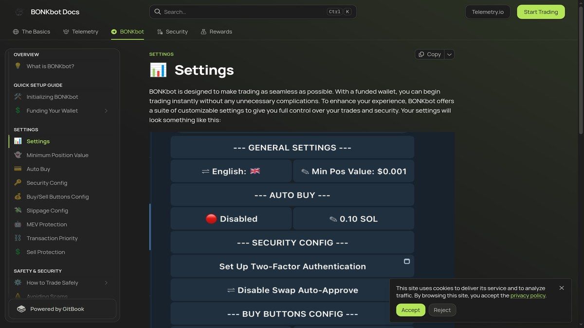 BONKbot settings documentation showing bot configuration and controls