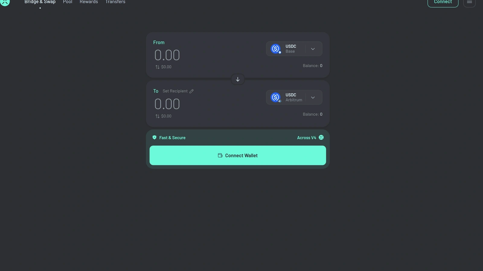 Across bridge app screenshot showing a real cross-chain transfer interface between Base and Arbitrum