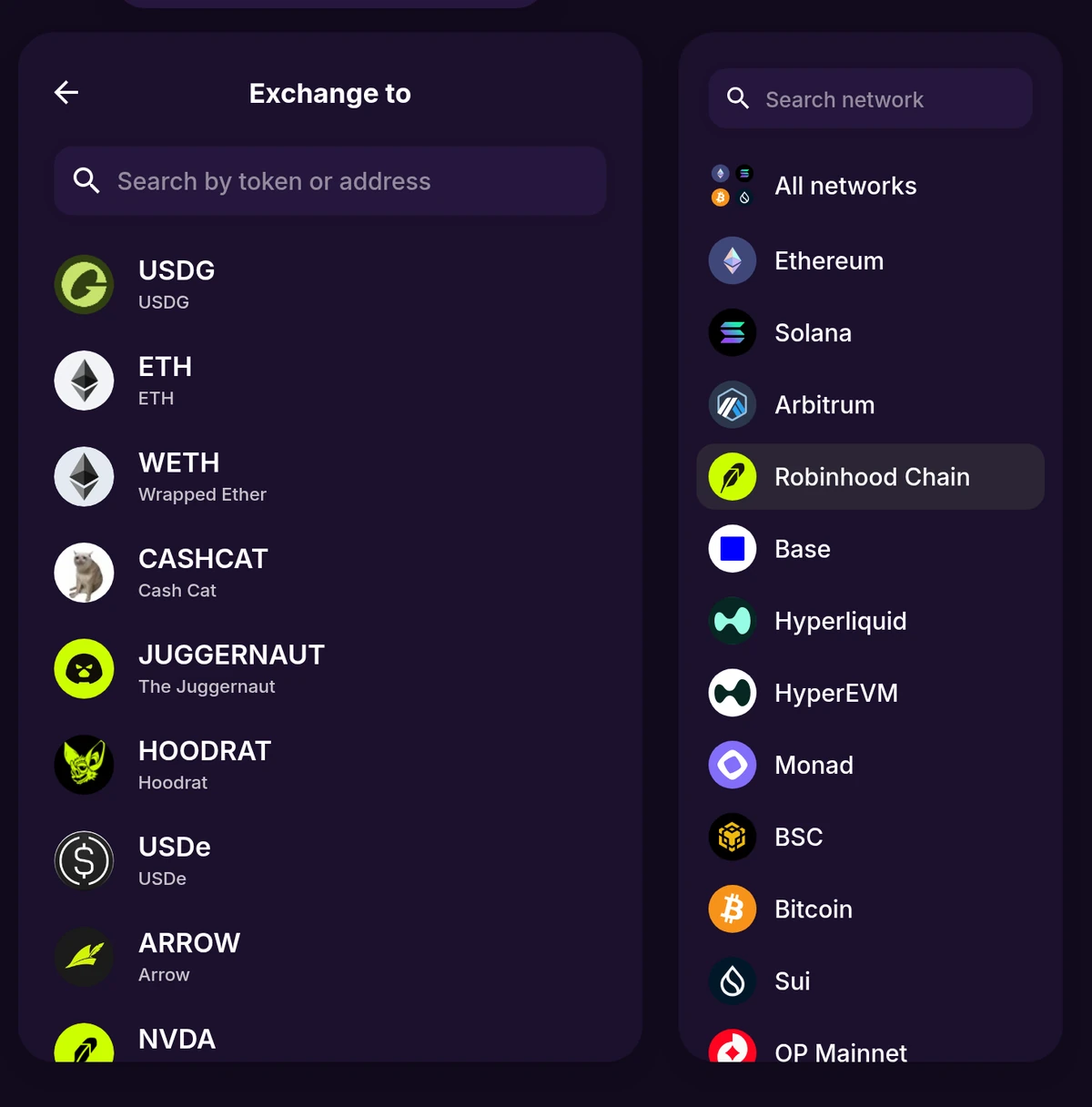 Network selector showing Robinhood Chain highlighted among Ethereum, Solana, Arbitrum and others, with live Robinhood Chain tokens such as CASHCAT, HOODRAT and JUGGERNAUT listed on the left