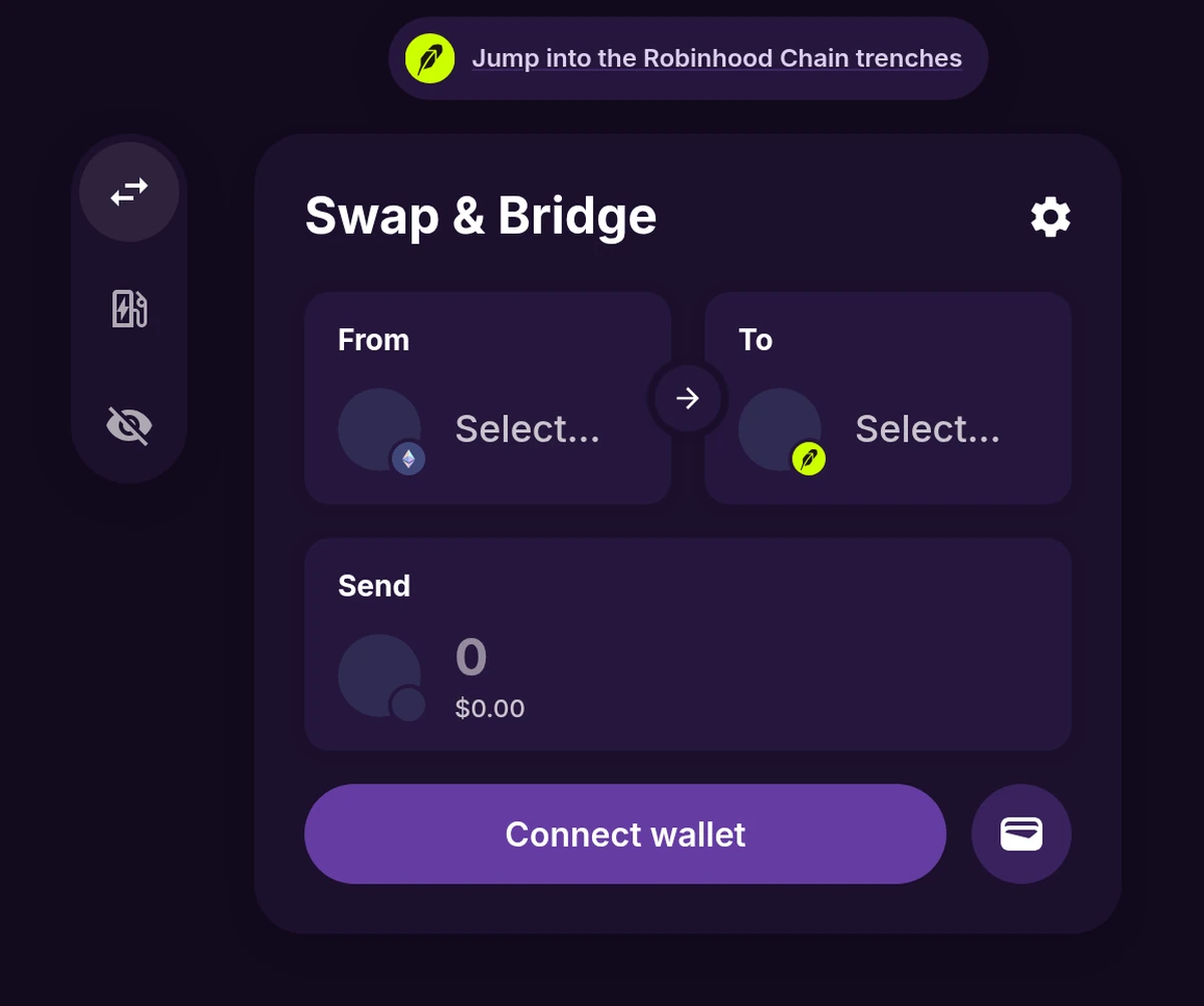 Bridge widget preset with Ethereum as the From network and Robinhood Chain as the To network, shown in the Jumper aggregator that is powered by LI.FI