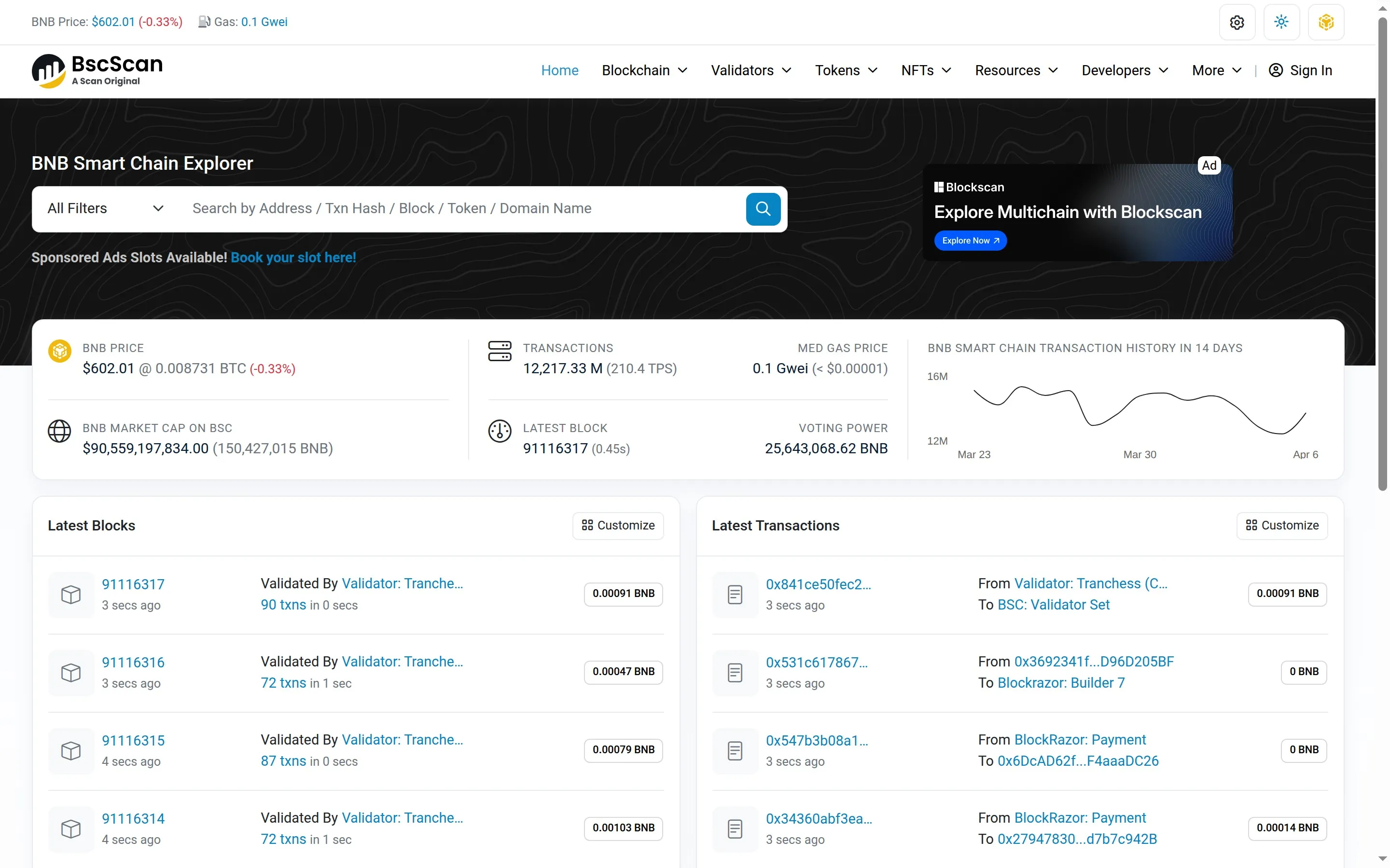 BscScan homepage showing BNB Chain explorer tools and search interface.