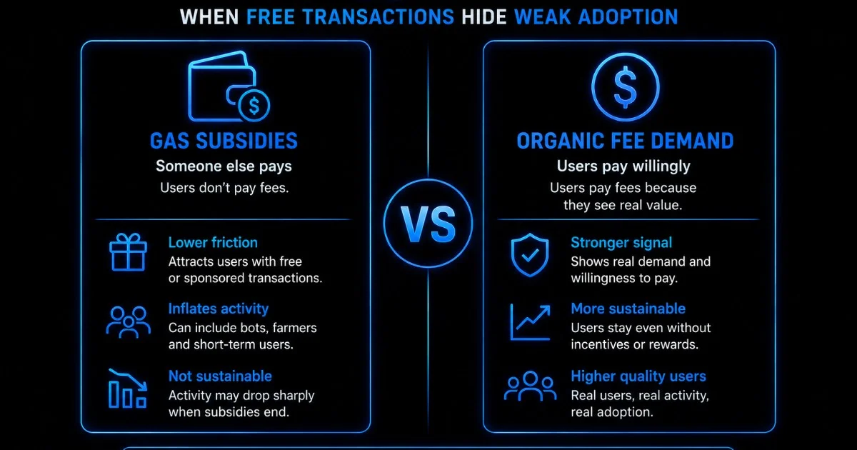 Gas Subsidies vs Organic Fee Demand: When Free Transactions Hide Weak Adoption