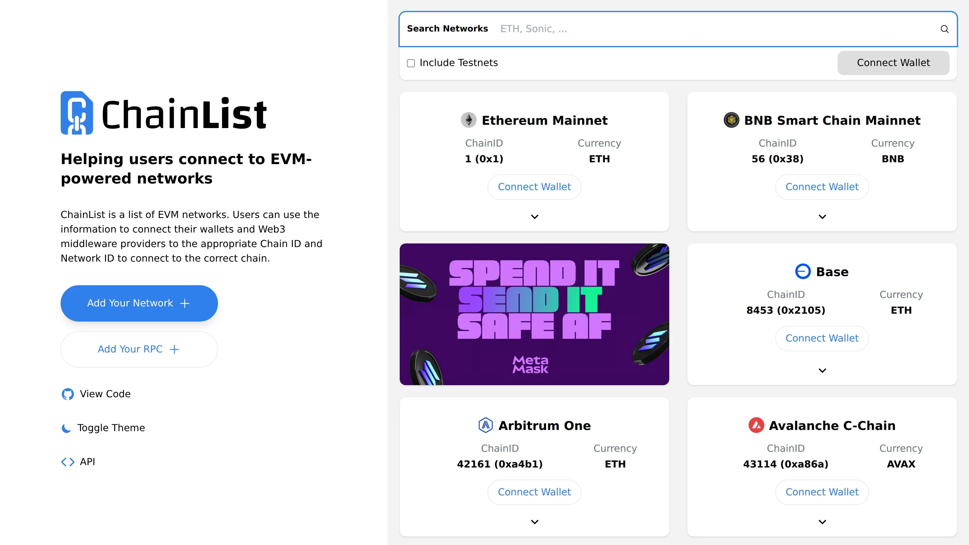 Chainlist homepage showing EVM networks, chain IDs and connect wallet options.