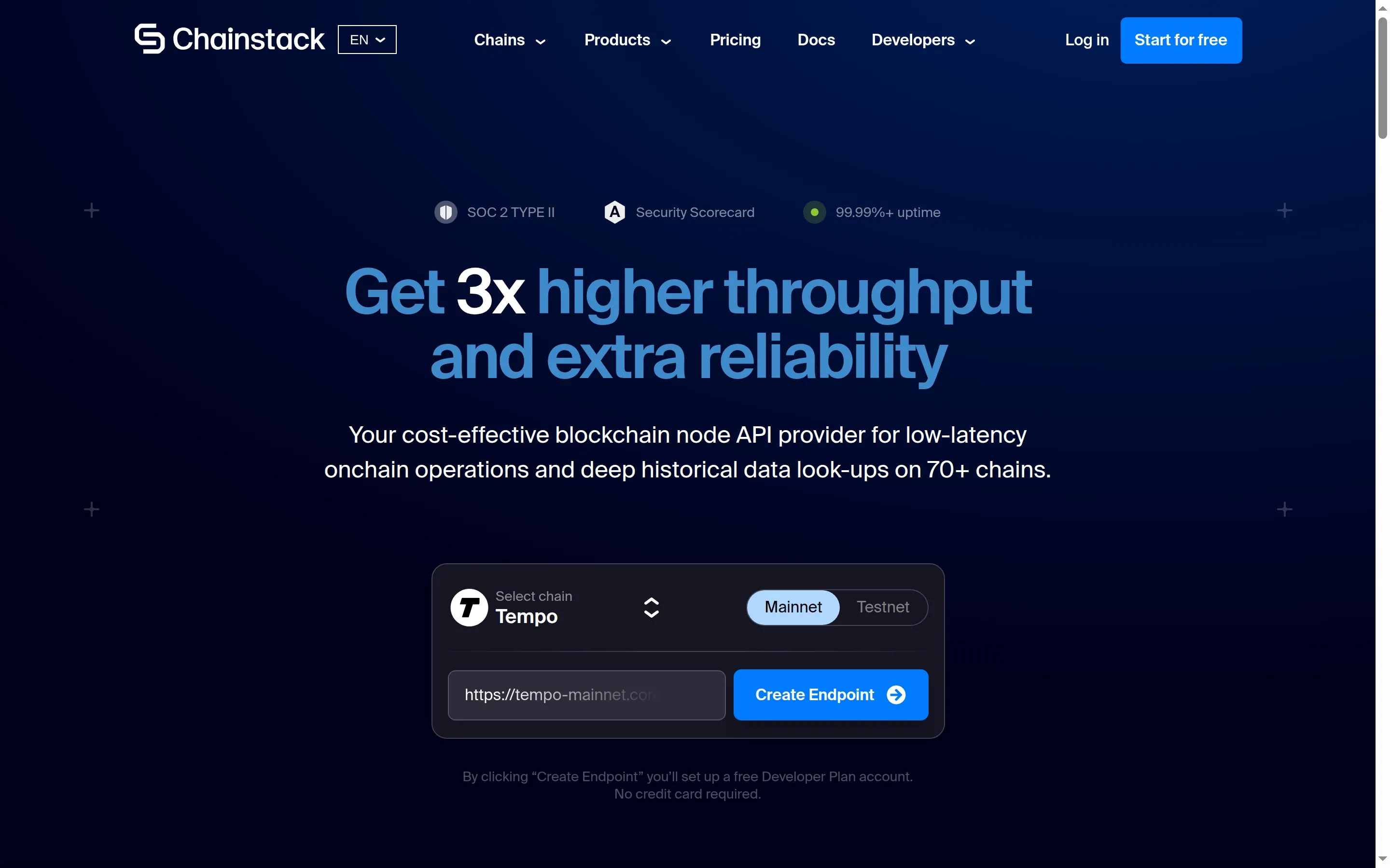 Chainstack homepage showing blockchain infrastructure products and supported chains.
