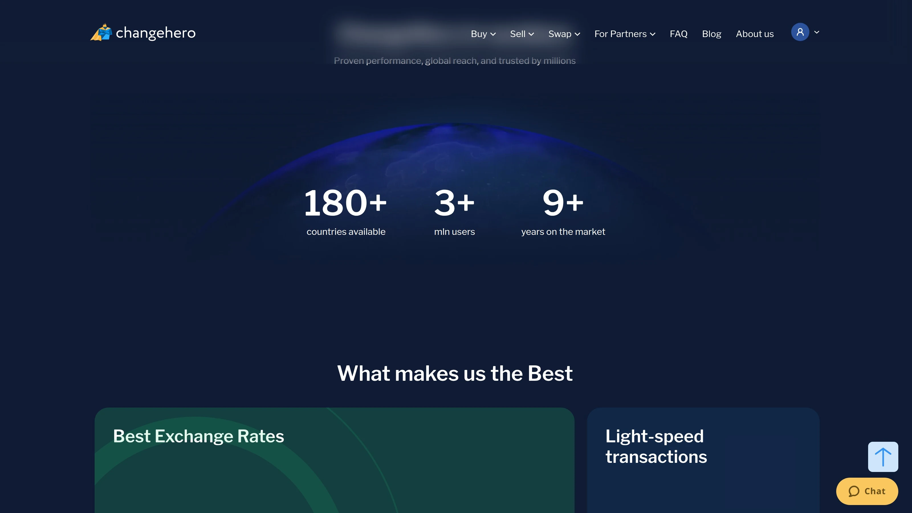 ChangeHero homepage showing the instant exchange value proposition