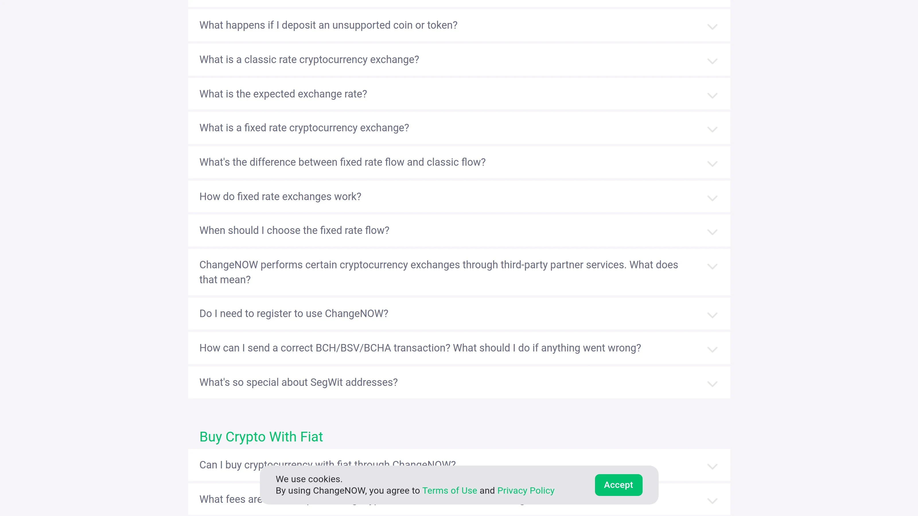 ChangeNOW FAQ section describing no-account usage and possible automated risk checks
