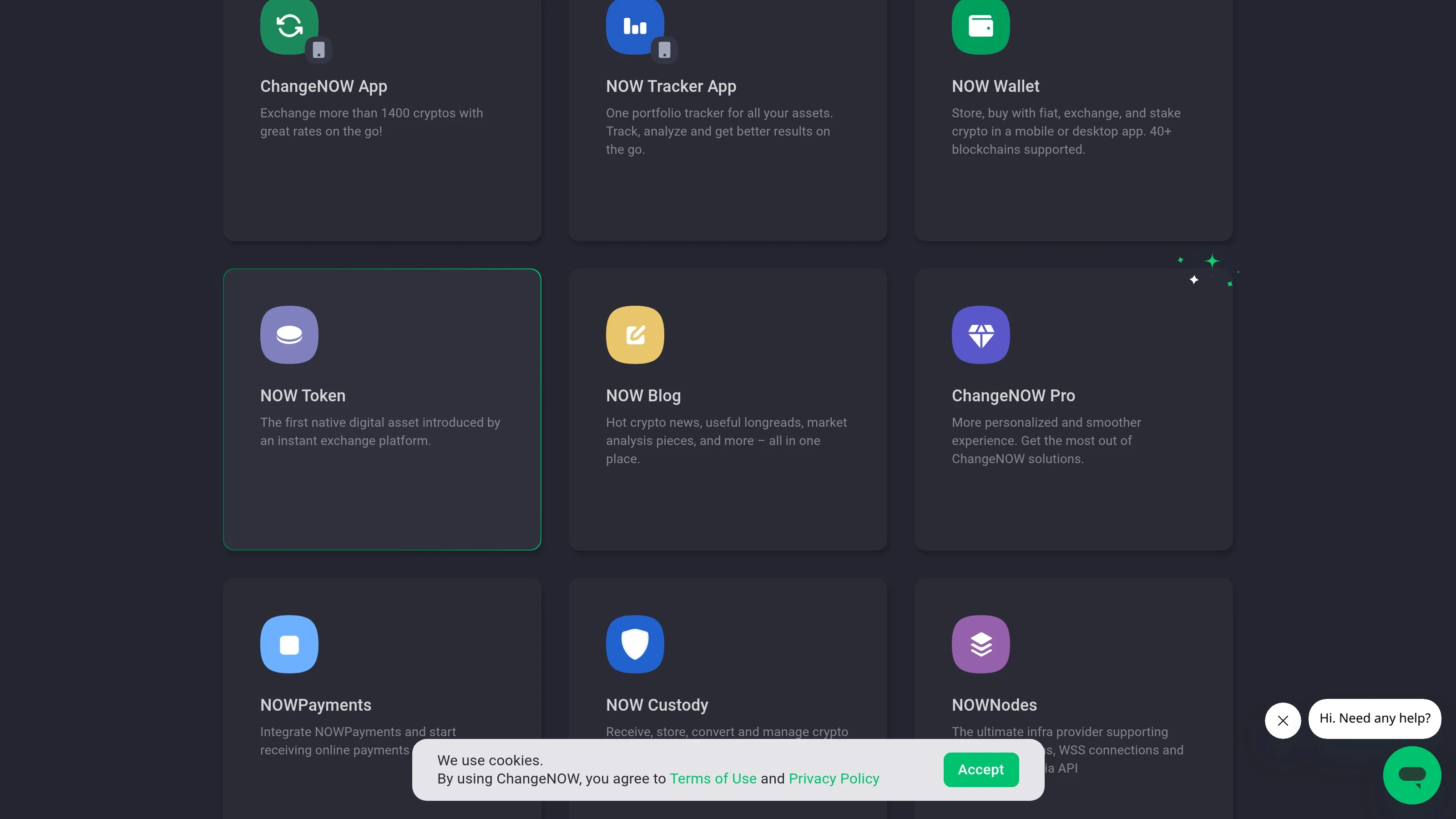ChangeNOW homepage sections showing NOW Wallet, fiat buying, and wider ecosystem features