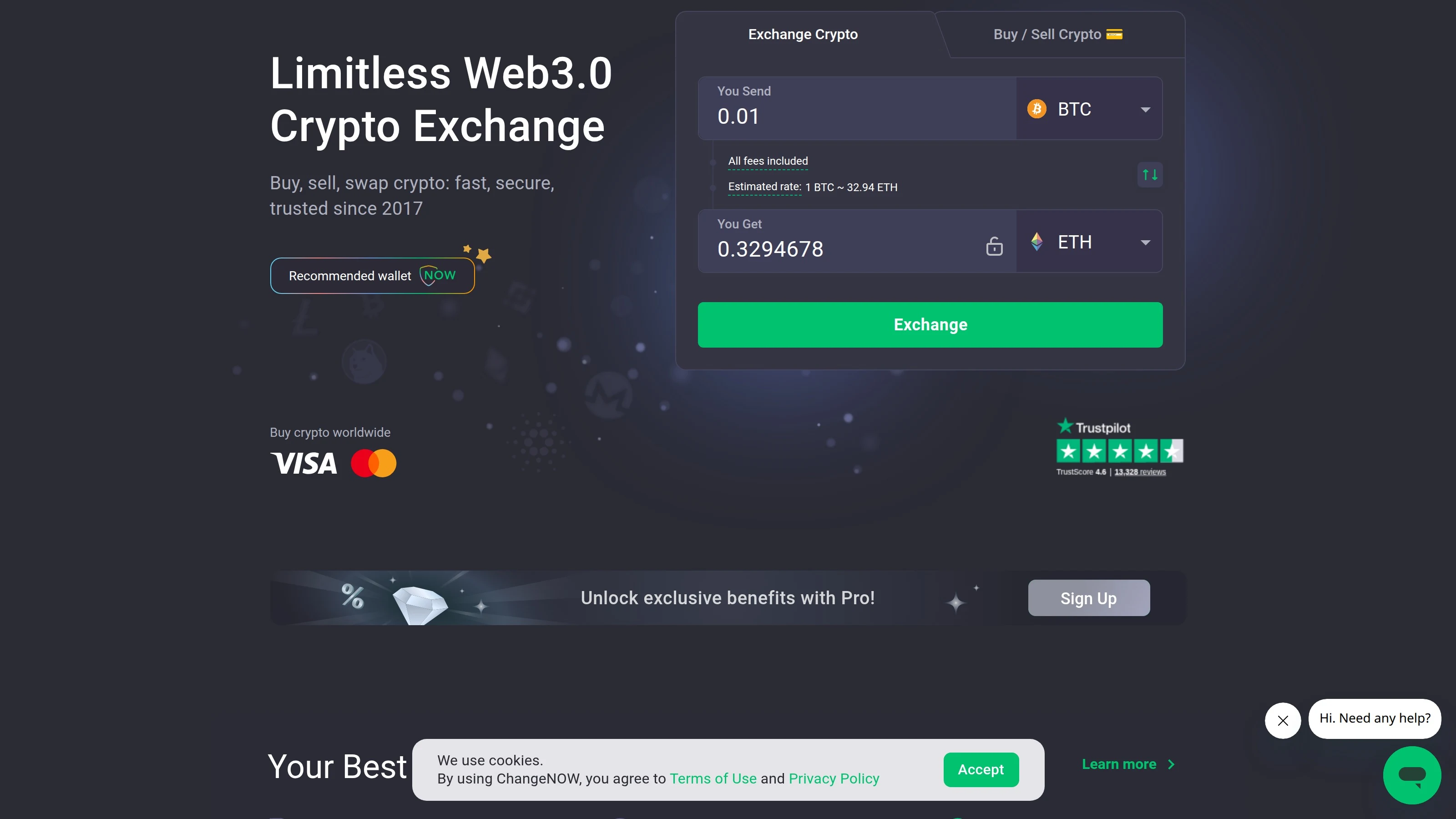 ChangeNOW homepage exchange widget and hero section