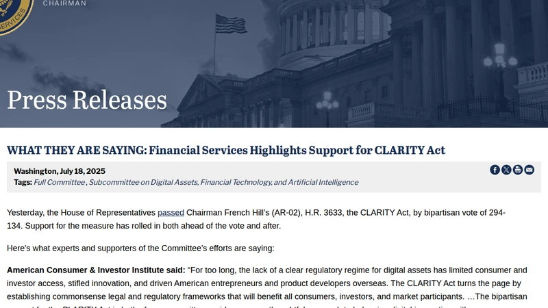 House Financial Services page highlighting support for the CLARITY Act