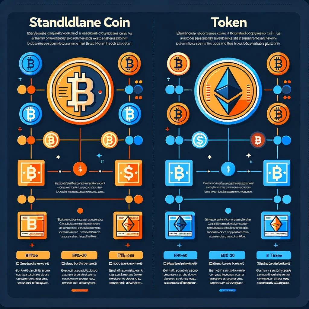 Visual comparison of cryptocurrency coins like Bitcoin and Ethereum next to tokens like USDT and UNI on a blockchain network diagram