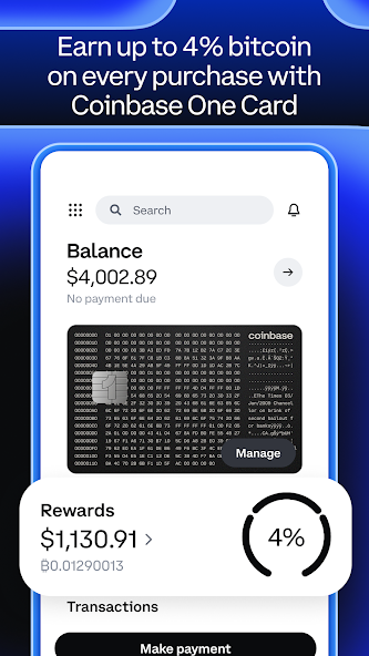 Coinbase portfolio and card dashboard showing crypto balance and rewards