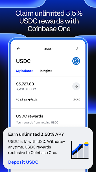 Coinbase USDC rewards screen showing 3.50% APY earn feature