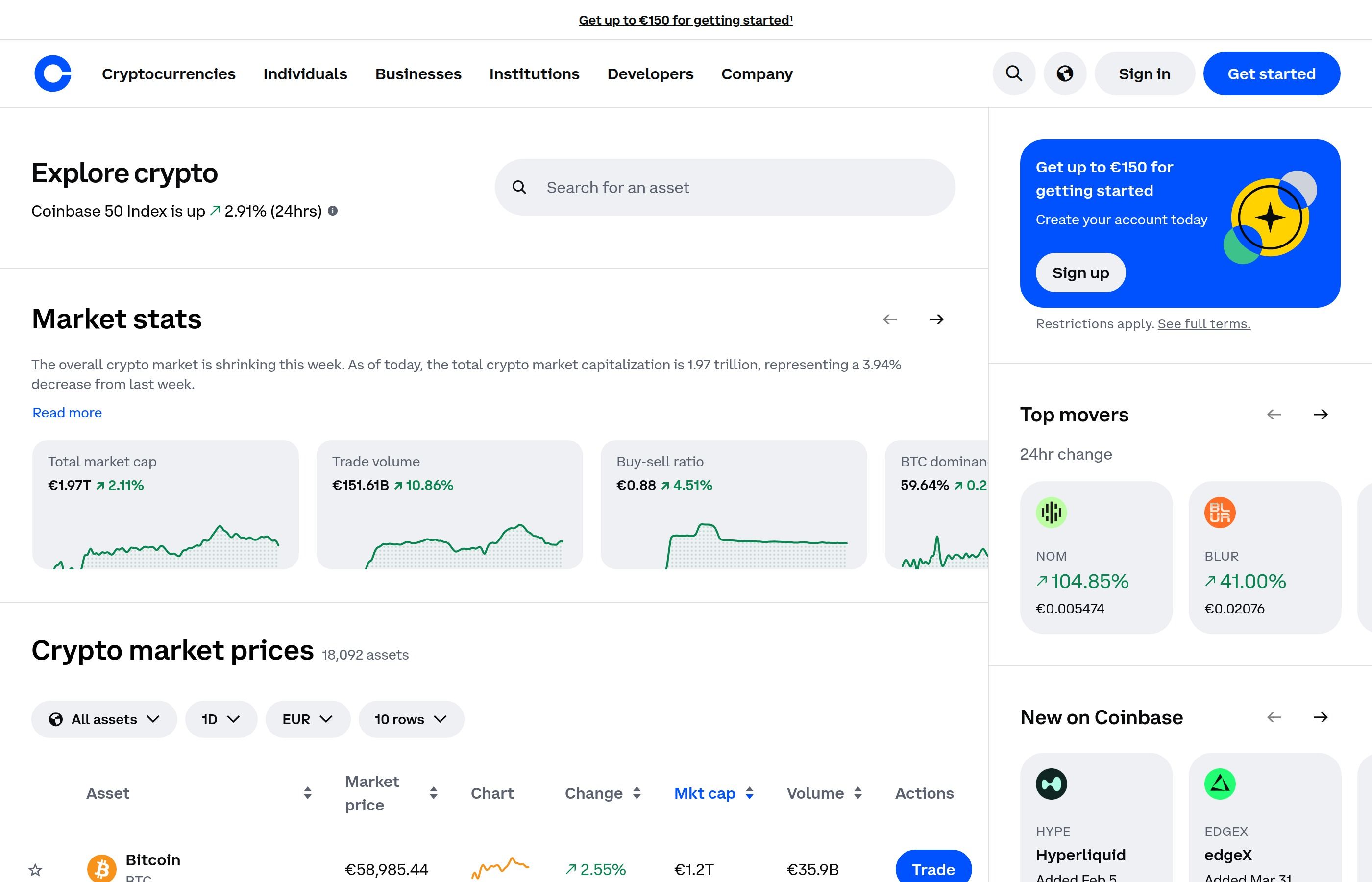 Coinbase Explore page showing top cryptocurrencies