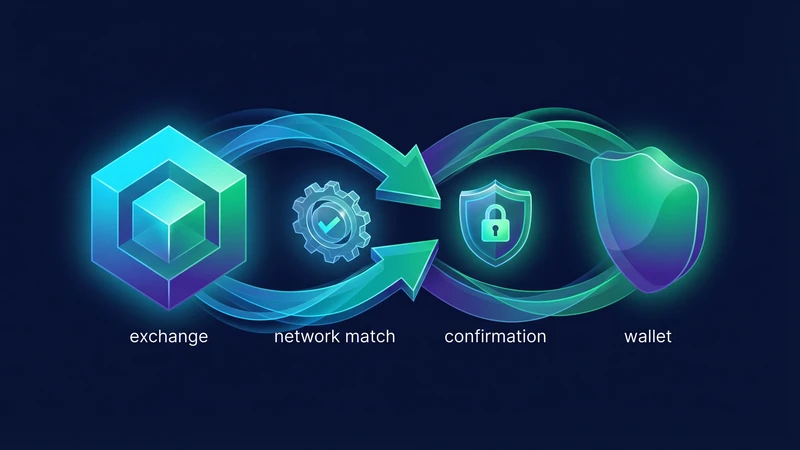 Editorial illustration of a Coinbase exchange withdrawal moving into a MetaMask style wallet with network matching and secure transfer confirmation