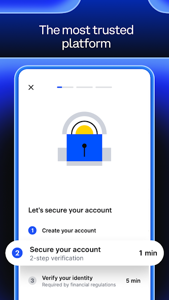 Coinbase account setup showing the three-step verification process: create account, secure account with 2FA, and verify identity