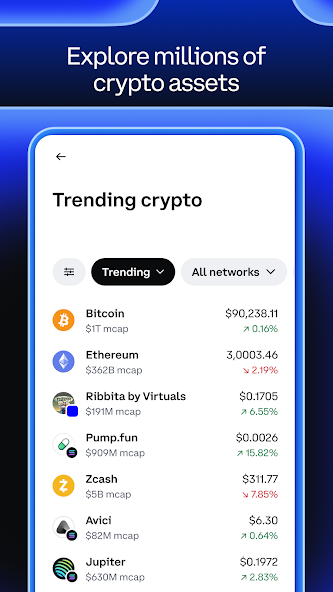 Coinbase trending crypto screen showing popular cryptocurrencies with prices and market caps