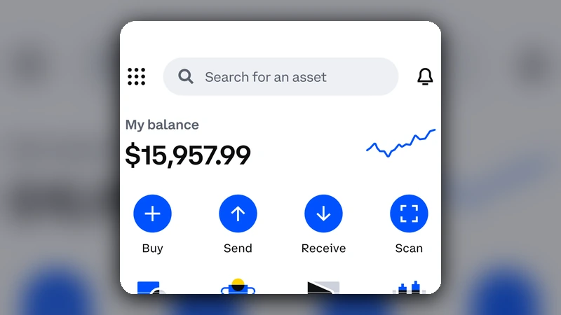 Coinbase app screen showing the Send and Receive entry points before starting an off-exchange wallet transfer