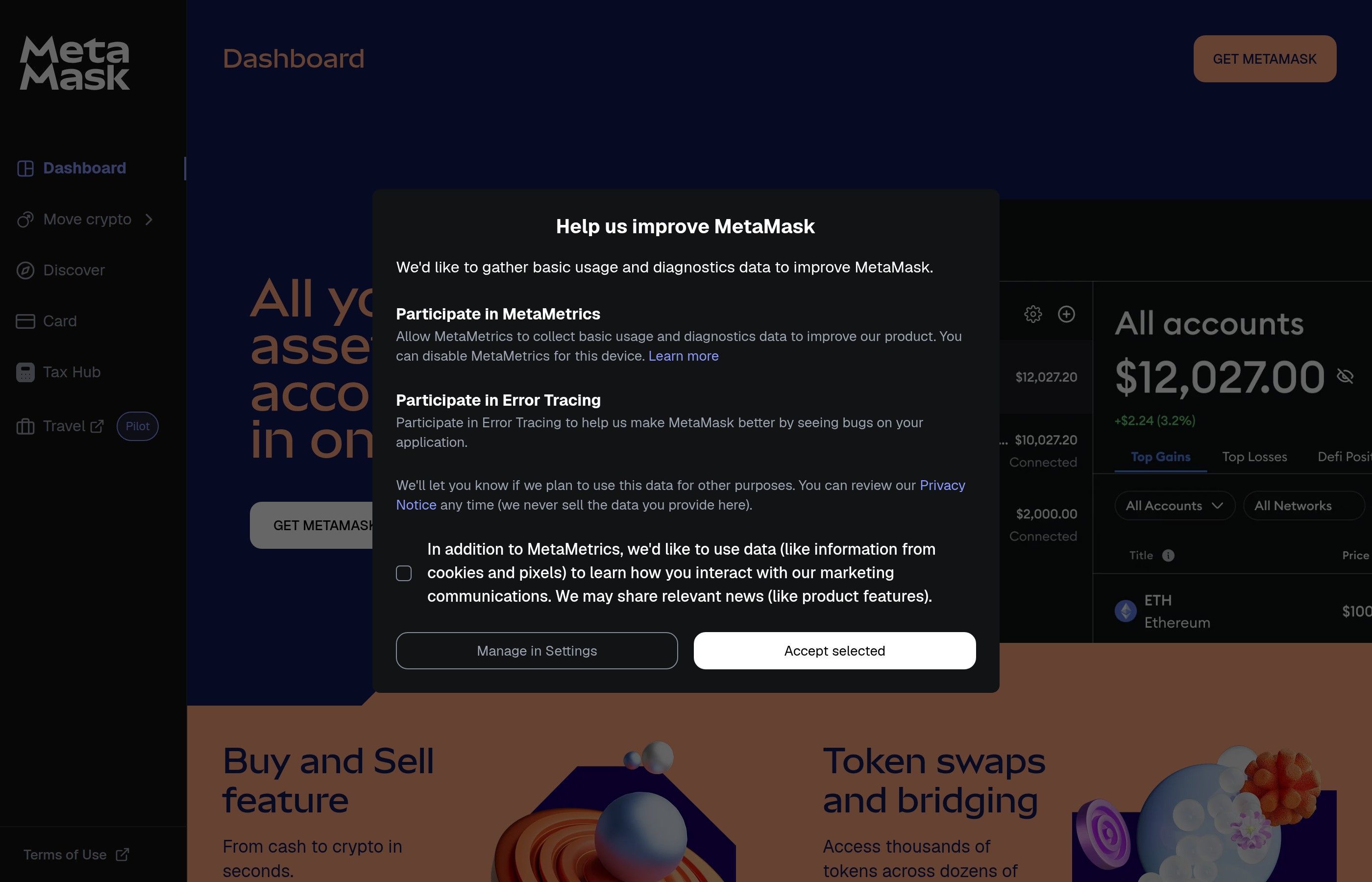 MetaMask Portfolio dashboard showing multi-chain asset tracking and DeFi positions