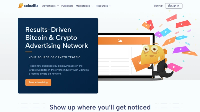 Coinzilla homepage showing crypto and finance advertising network positioning