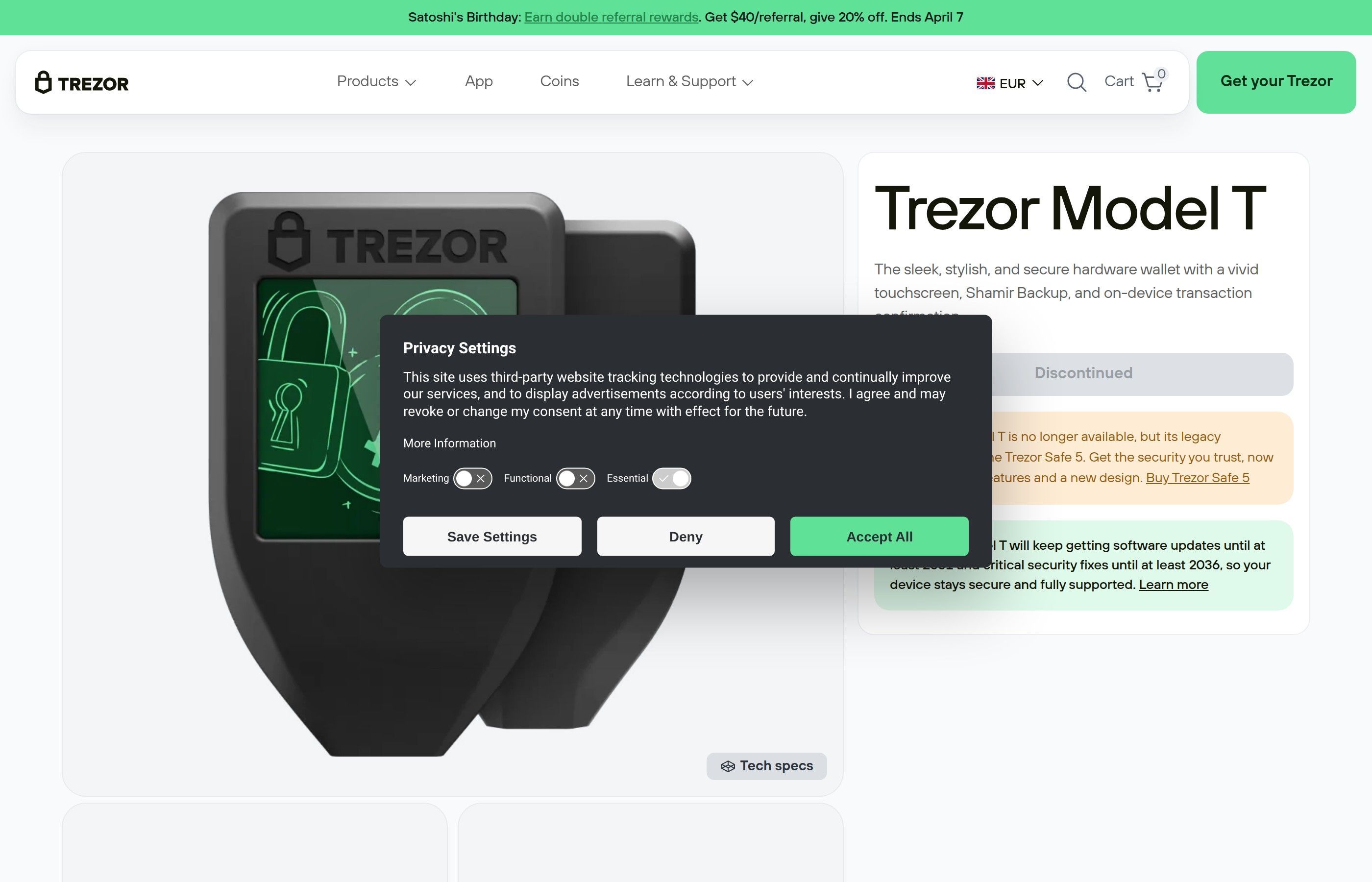 Trezor Model T hardware wallet with color touchscreen