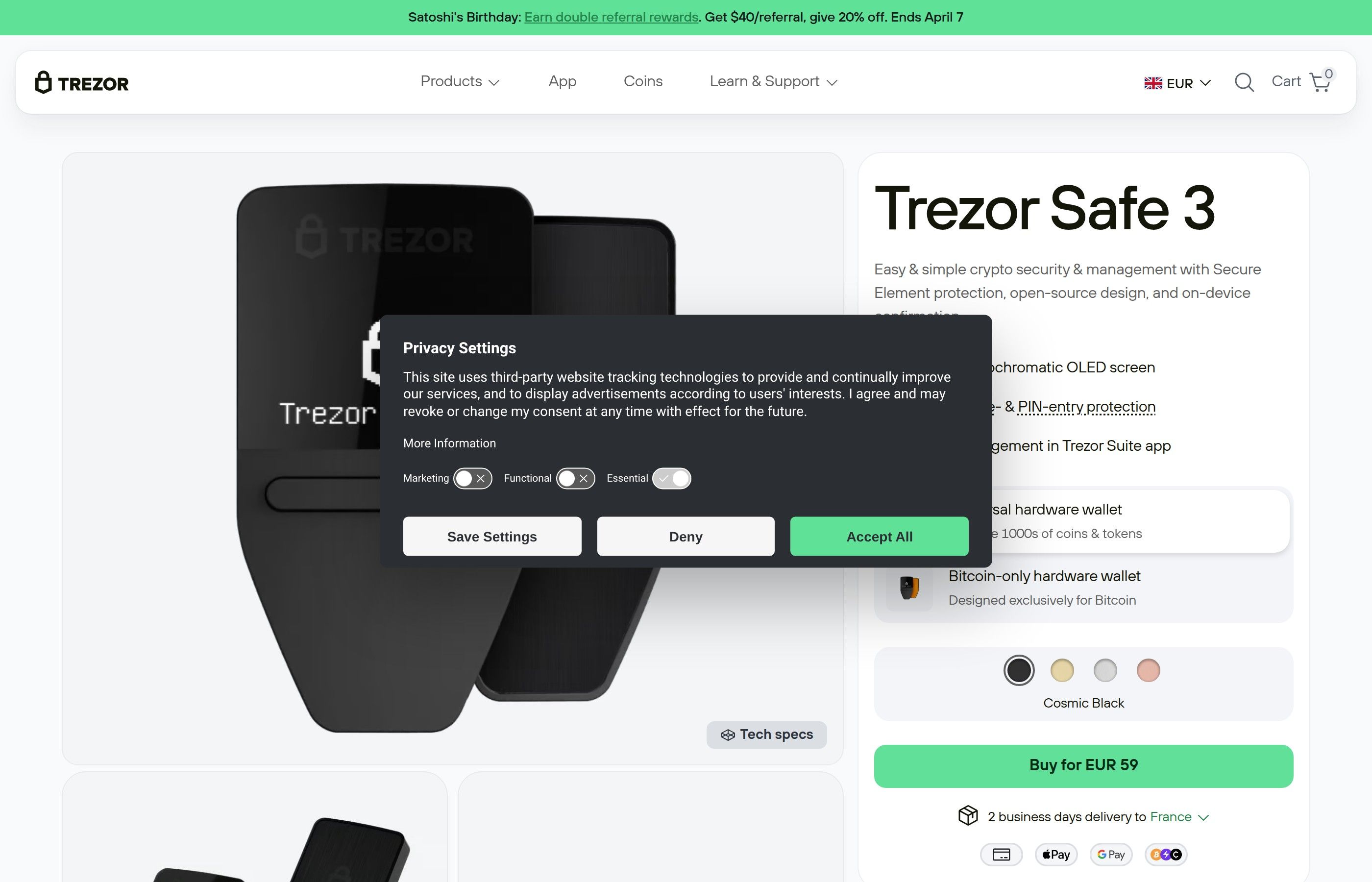 Trezor Safe 3 hardware wallet with secure element chip