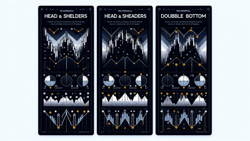 Three reversal chart patterns side by side: head and shoulders, double top, double bottom with breakout arrows