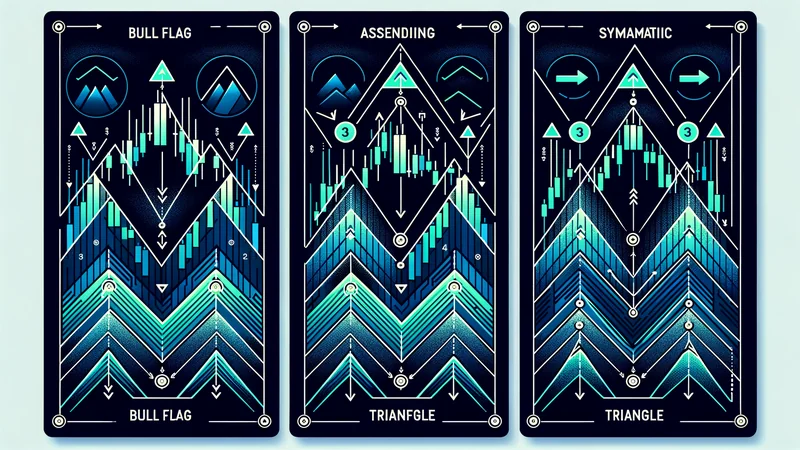 Three continuation chart patterns side by side: bull flag, ascending triangle and symmetrical triangle with breakout arrows