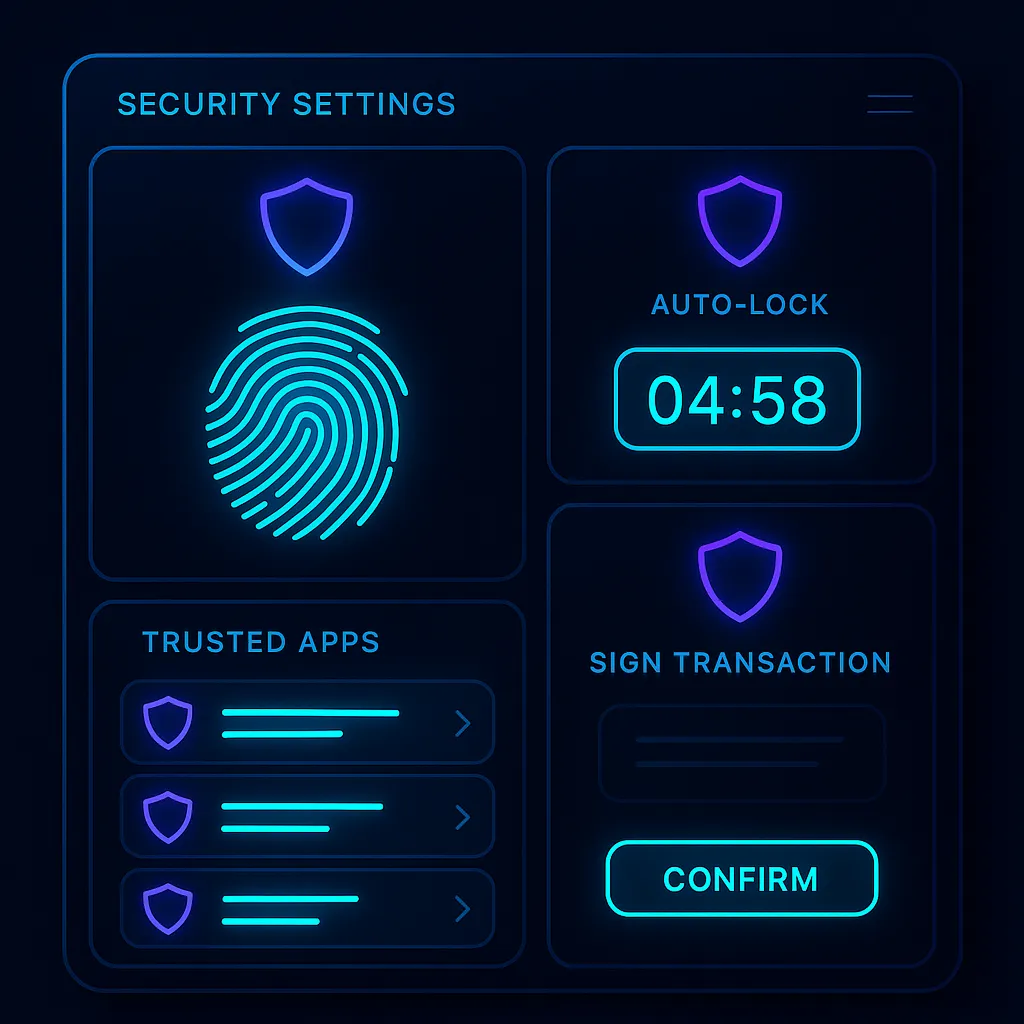 Phantom wallet security settings - enable biometric lock and transaction simulation