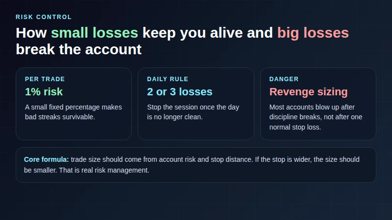 Conceptual visual showing how day traders manage risk with small losses and daily loss caps