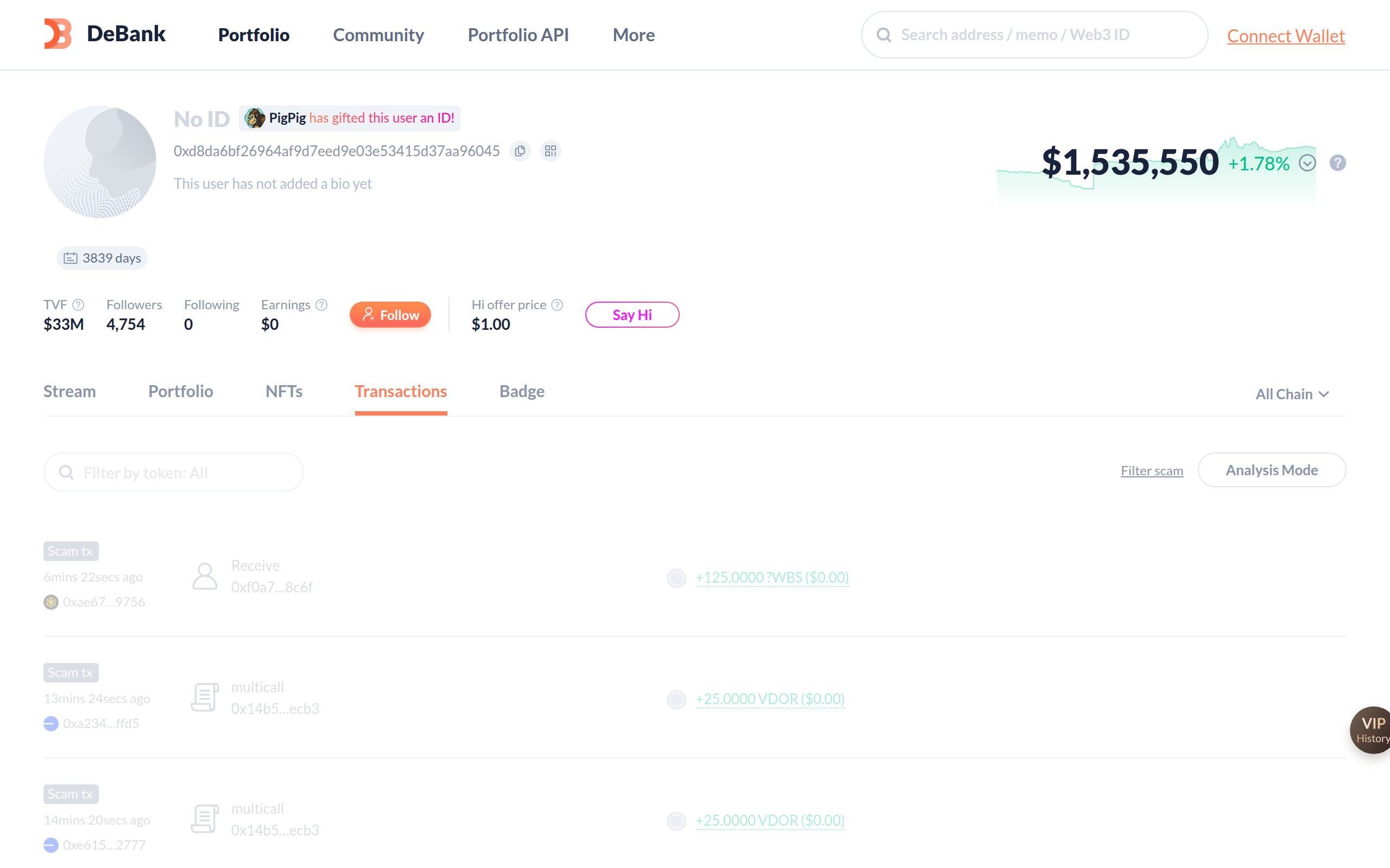 DeBank transaction history tab showing decoded wallet transactions