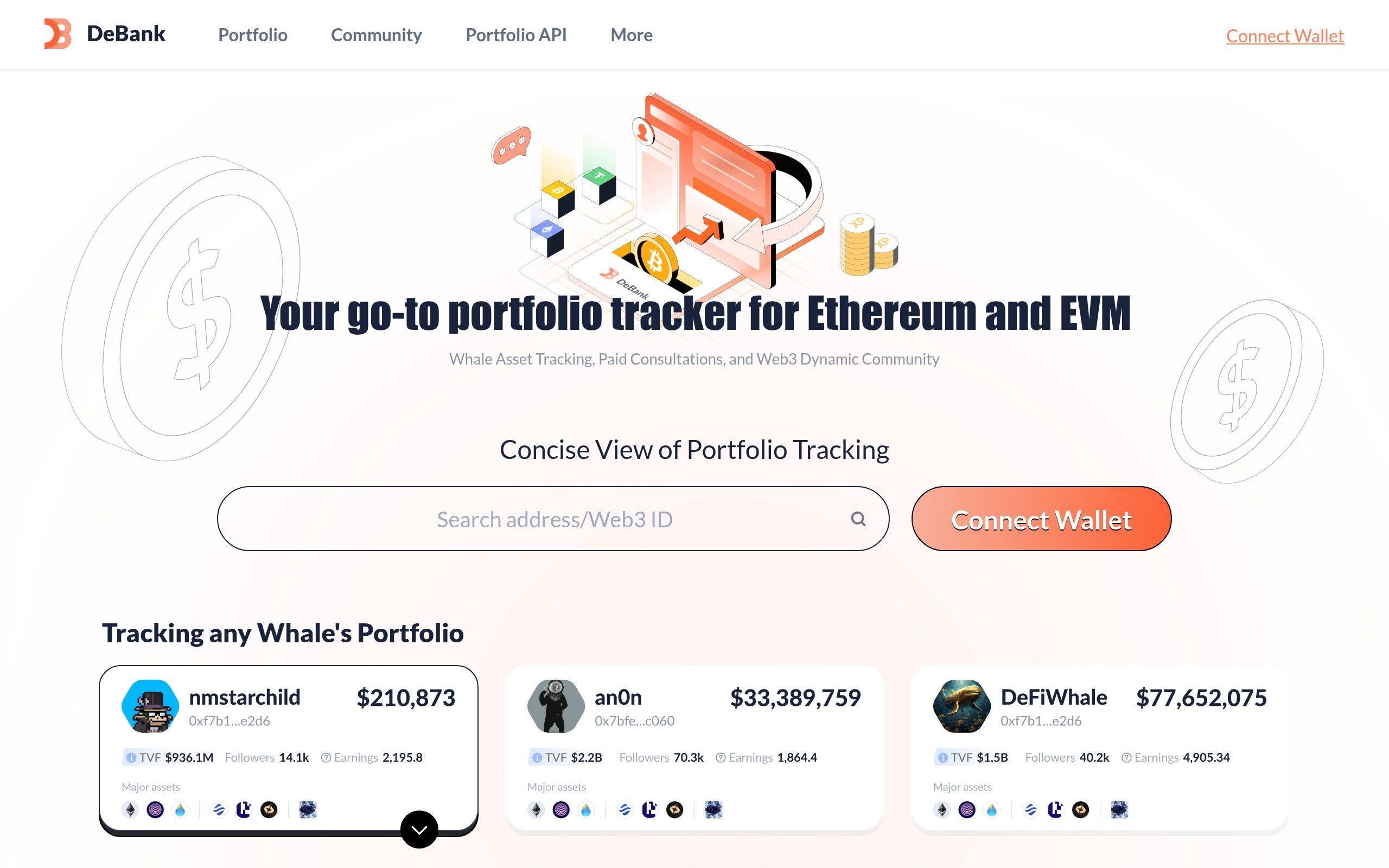 DeBank homepage showing Web3 portfolio tracker with whale tracking feature