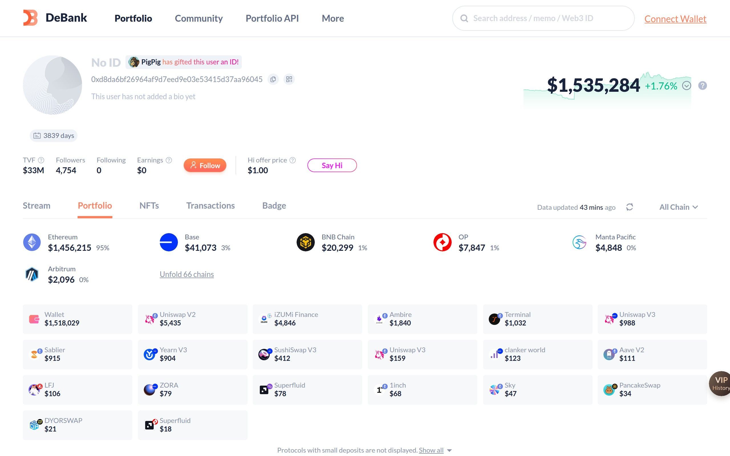 DeBank portfolio dashboard showing Vitalik Buterin wallet with chain breakdown and DeFi positions