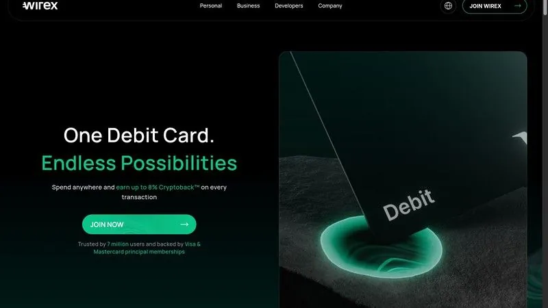 Wirex multi-currency crypto card page showing X-Accounts and DeFi yield features