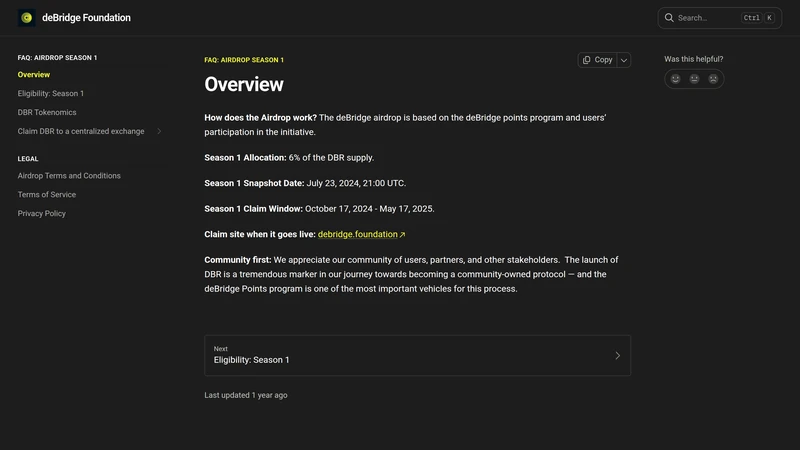 deBridge docs overview page showing foundation and product navigation