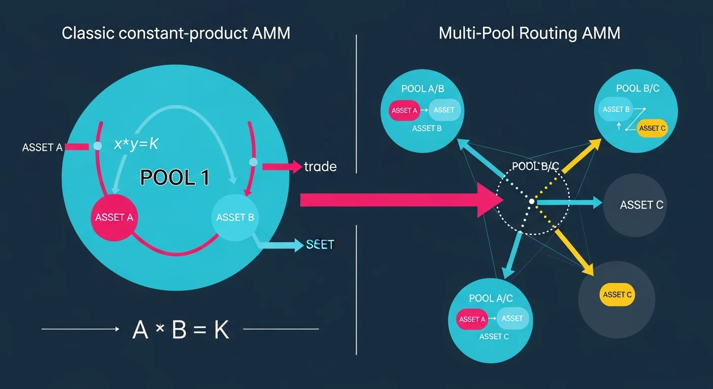 Diagram comparing two AMM models on TON: classic constant-product on the left, multi-pool routing on the right