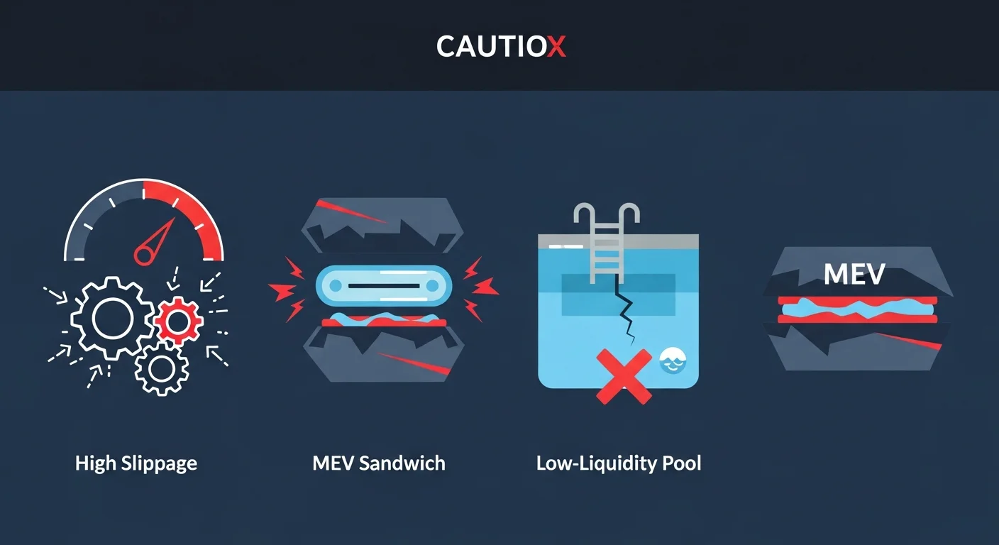 Four-panel illustration of TON DEX caution icons: high slippage, MEV sandwich, low-liquidity pool, fake pair