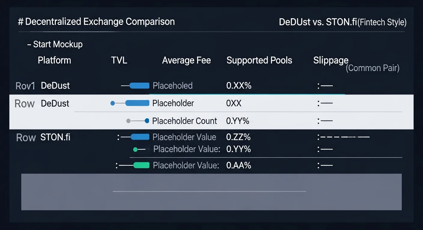 Comparison table mockup with rows for DeDust and STON.fi and columns for TVL, fee, supported pools, slippage