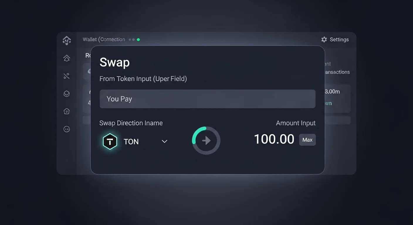 Swap UI mockup showing TON swap into a generic Jetton with slippage, price impact, and swap button
